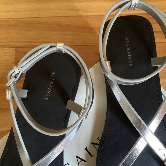 AllSaints Tyla Ankle Strap Leather Sandal Silver SZ EU 40 - Picture 2 of 13